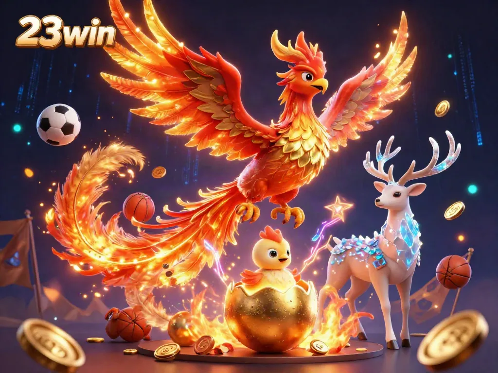 Experience the excitement of 23win with a phoenix and sports betting elements in a vibrant scene.
