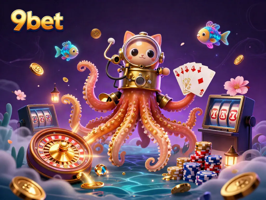 Experience thrilling victories at 9bet with a vibrant 3D kraken and dynamic casino elements.