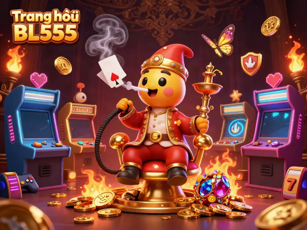 Experience the dynamic gaming scene at Trang chủ BL555 with vibrant 3D characters and casino symbols.