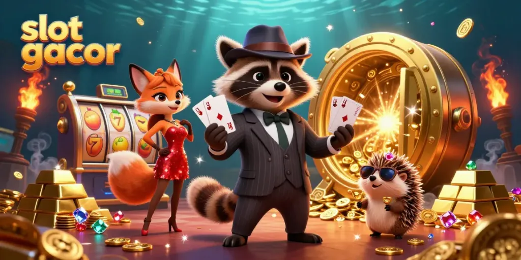 Merayakan slot gacor dengan karakter lucu di kasino, gulung slot, dan tumpukan harta karun emas.