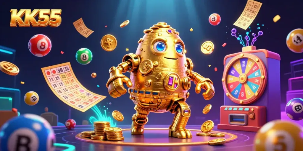 Engage with the vibrant KK55 golem surrounded by lively game elements and money rain.