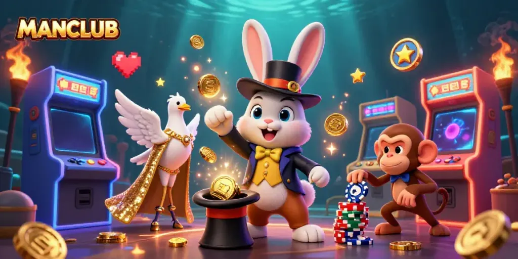 Experience the thrill of MANCLUB with a magician rabbit, doves, and poker chips captivating gamblers in a colorful casino.