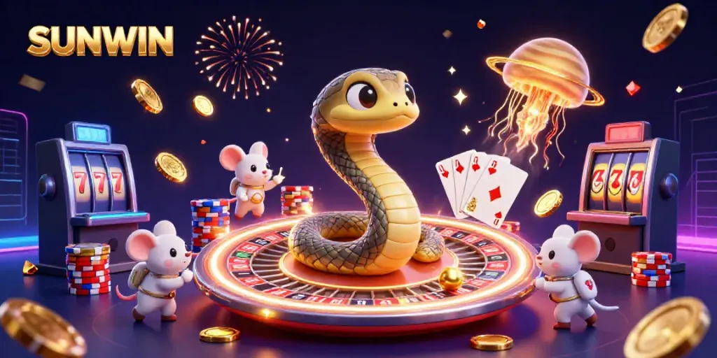 Experience the thrill of SUNWIN with a cosmic casino scene featuring unique animated characters.
