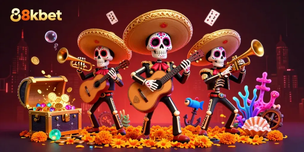 Engage with stunning 8kbet themed illustration showcasing a lively mariachi band amidst underwater treasures!