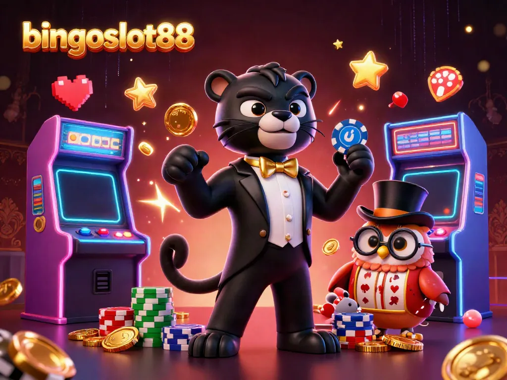 Gambarkan bingoslot88 dengan panther elegan, burung hantu berkelas, dan tikus keberuntungan dalam suasana kasino.