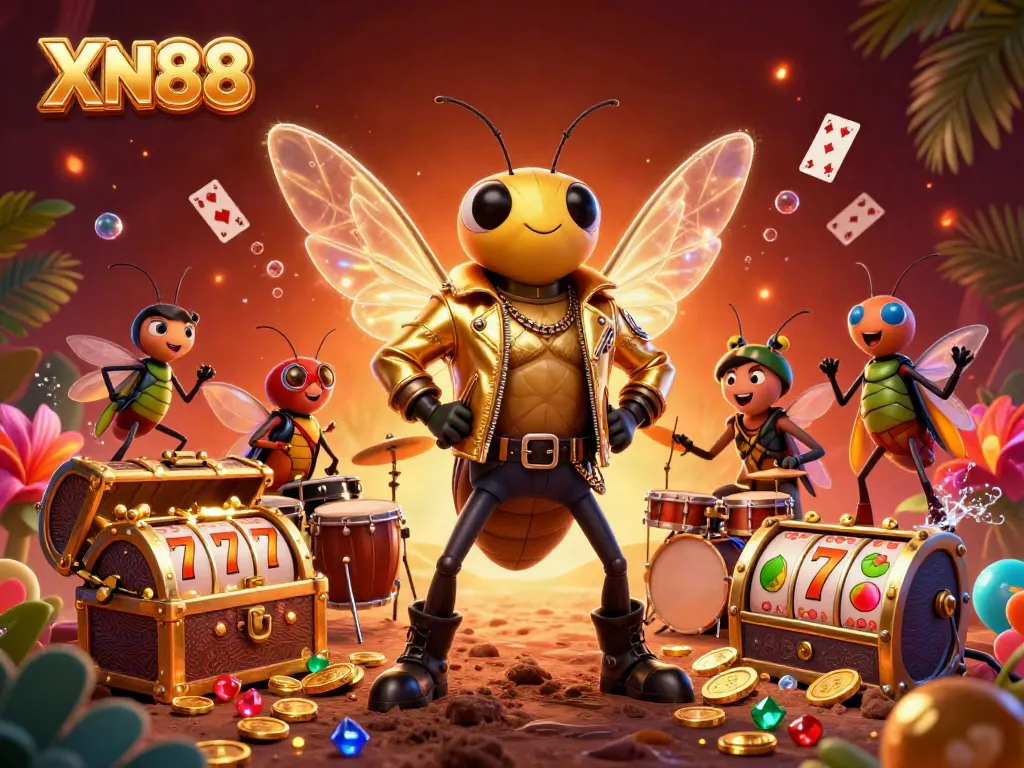 Experience the thrill of XN88 with a rock star cicada in a vibrant casino scene.