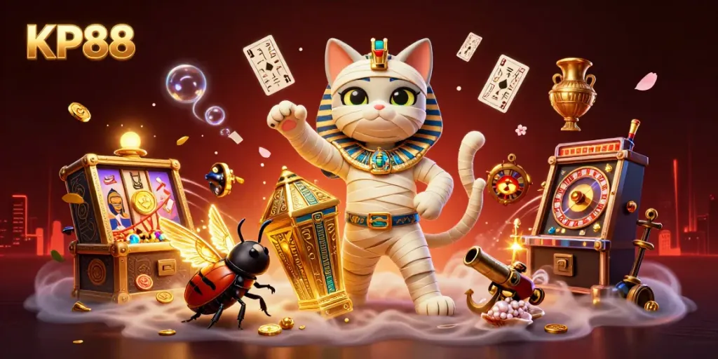 KP88's engaging gaming scene featuring a lively cartoon mummy cat and scarab beetle amidst bursting treasures, spinning slots, and floating cards.
