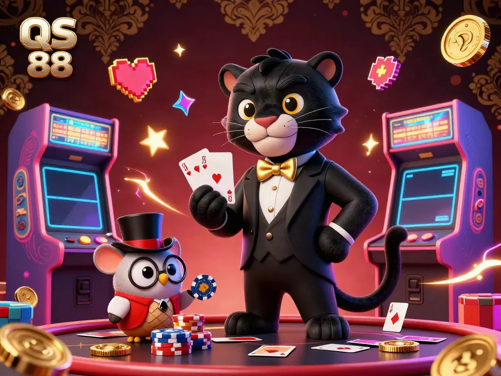 Engaging 3D illustration for QS 88 featuring a stylish panther dealer, owl with poker chips, and a lucky mouse amidst vibrant casino elements.
