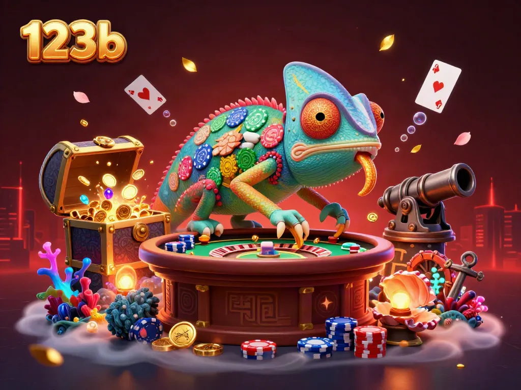 Experience 123b's colorful casino world with a vibrant chameleon owner and playful game elements.