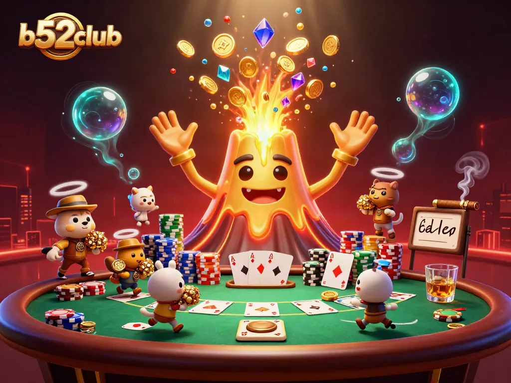 b52club ignites excitement with golden volcano, poker chips, and treasure-filled scene