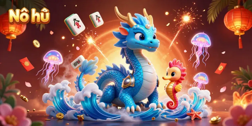 Nổ hũ features a stunning underwater scene with a water dragon and lucky symbols illuminating the casino atmosphere.