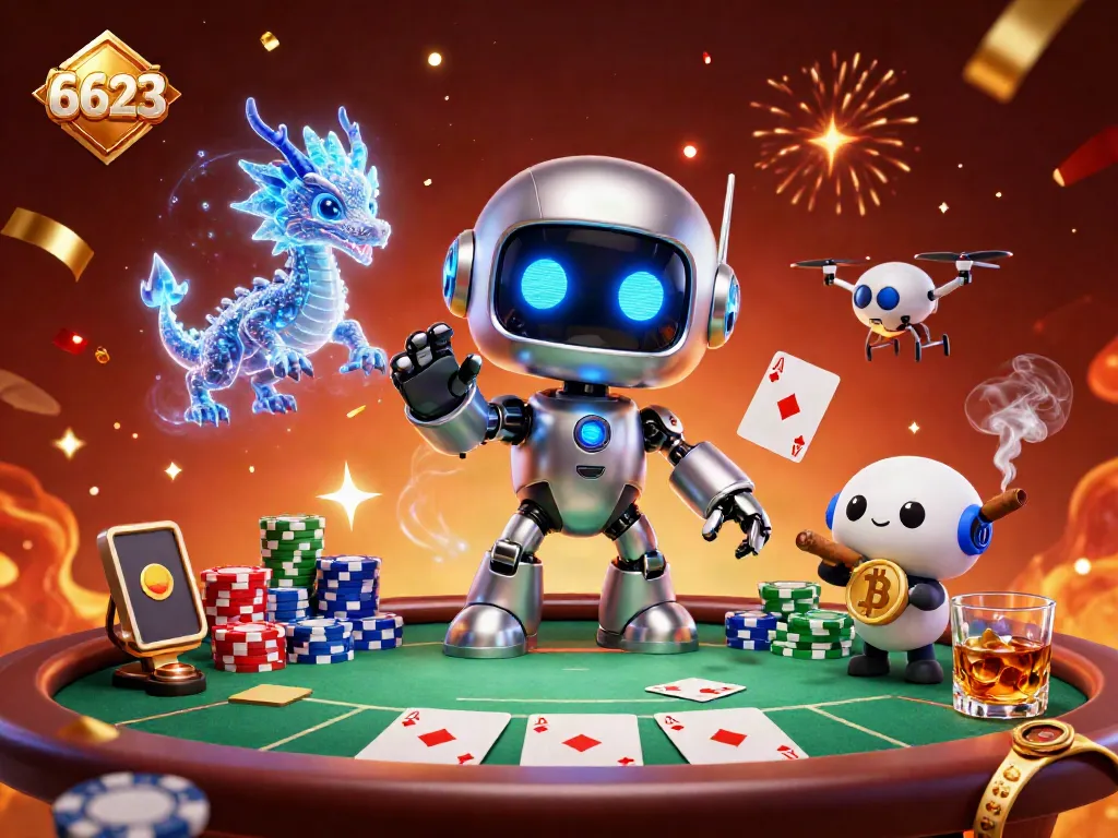 Engage with the vibrant 6623 casino scene featuring a neon robot and poker elements.