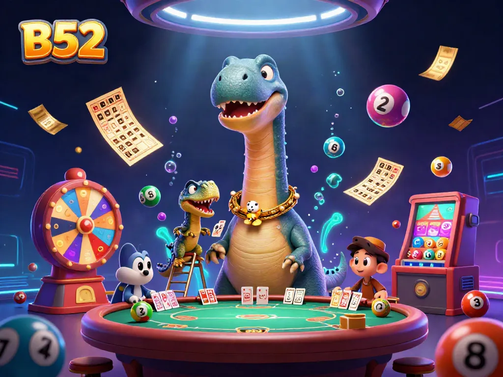 Join the action at B52 with a playful brontosaurus and clever raptor dealing cards in a lively casino.