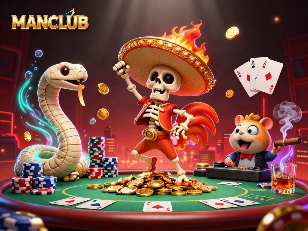 Experience winning strategies at MANCLUB with a vibrant casino-themed 3D artwork full of action.