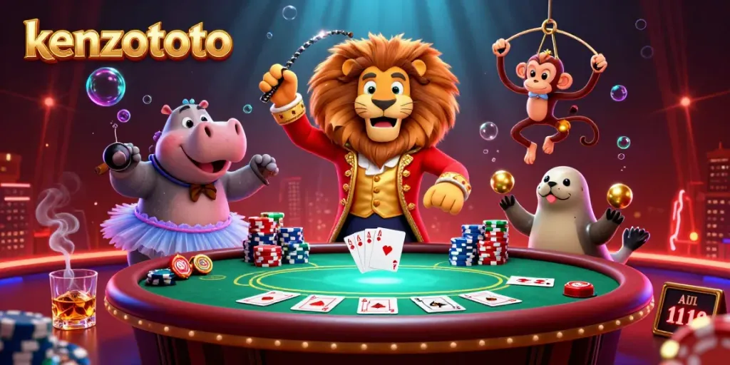 Experience gaming excitement with kenzototo in this vibrant casino scene featuring lively cartoon characters.