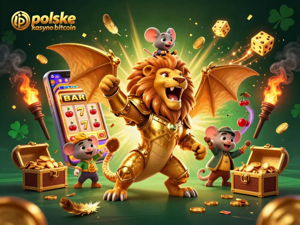 Engage with polskie kasyno bitcoin through an exciting visual of a golden chimera, slot machines, and vibrant casino elements.