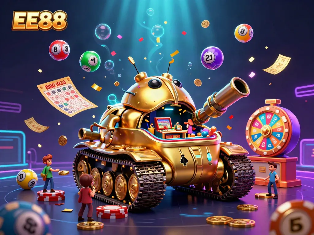 Engage with the exciting world of EE88 featuring a golden beetle tank revealing a casino, surrounded by colorful lottery elements.