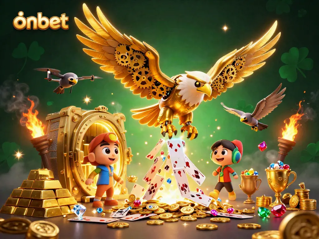 Experience thrilling onbet gameplay with a dynamic scene featuring a golden eagle amidst holographic cards and treasures.
