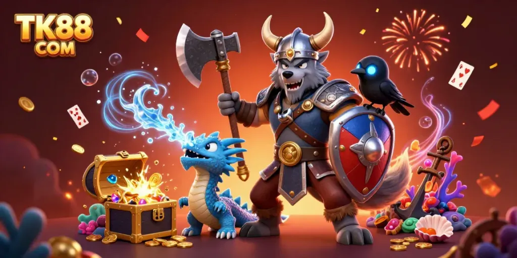 Engage with thrilling adventures at TK88 COM featuring a Viking warrior, fierce dragon, and treasure.