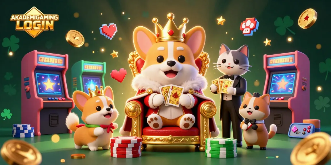 Experience AKADEMIGAMING LOGIN with a royal corgi on a throne among vibrant gaming elements and a cat butler.