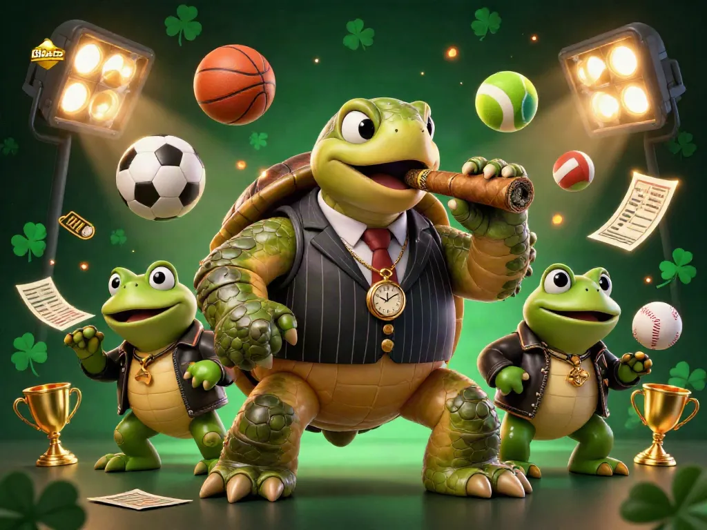 Experience thrilling sports betting action with 8xbetz featuring a snapping turtle and bullfrog enforcers illustrated in a dynamic casino setting.