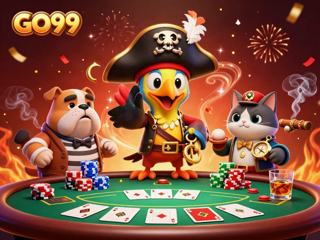 Engage with GO99 casino through an exciting, animated scene with a pirate and poker elements.