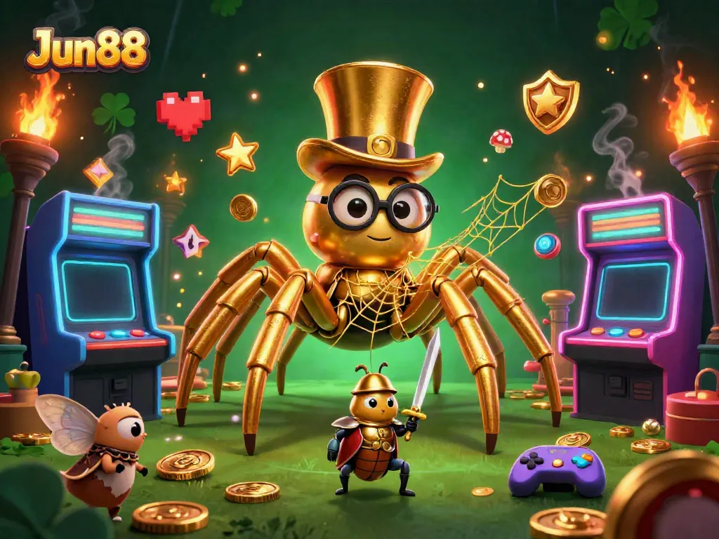 Experience thrilling gameplay at Jun88, where a golden tarantula weaves fortune amidst a vibrant casino.