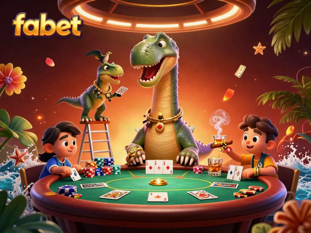 Experience excitement at Fabet casino with a vibrant poker scene featuring a giant brontosaurus and clever raptor.