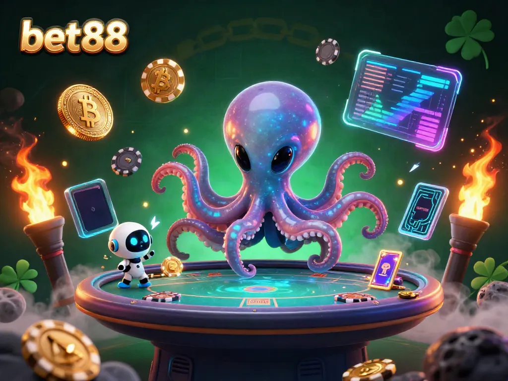 Engaging 3D scene showcasing bet88 featuring a whimsical alien octopus at a poker table with vibrant crypto elements.