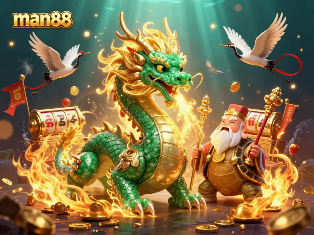 Engage with man88's excitement through a vibrant 3D illustration highlighting a jade dragon and gaming elements.