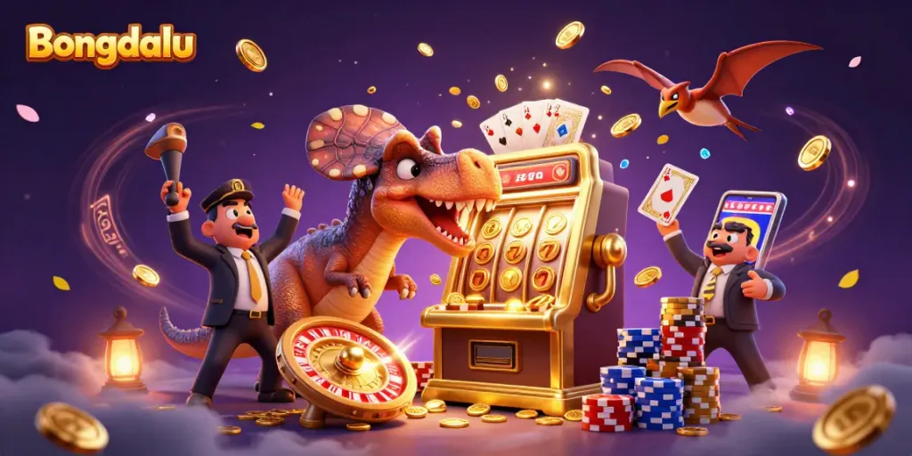 Bongdalu's thrilling casino scene showcasing a dinosaur-themed jackpot slot payout with flying coins.