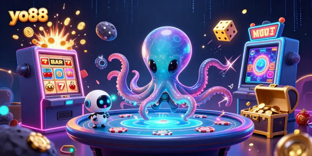 yo88 alien octopus playing poker at a cosmic casino, showcasing vibrant slot machines and energetic graphics