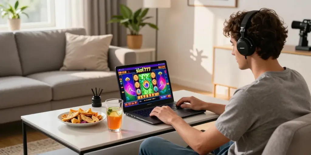Exciting slot777 gaming experience in a cozy living room with vibrant graphics.