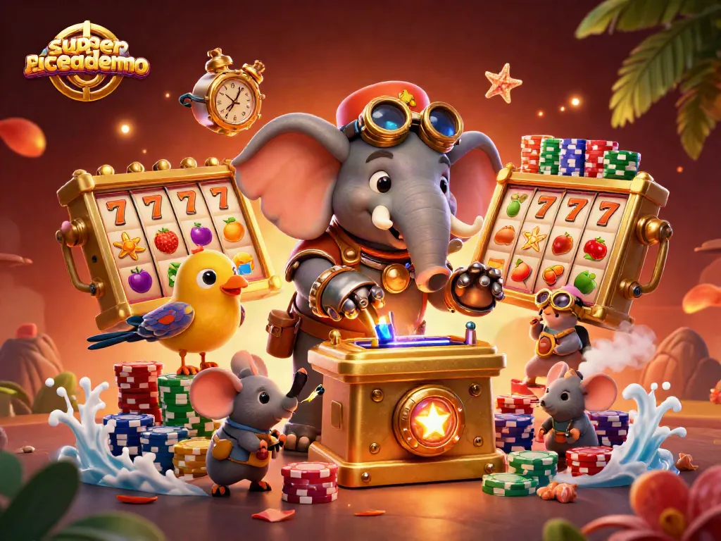 Experience the superacedemo with vibrant characters, slot machine, and tropical casino elements.