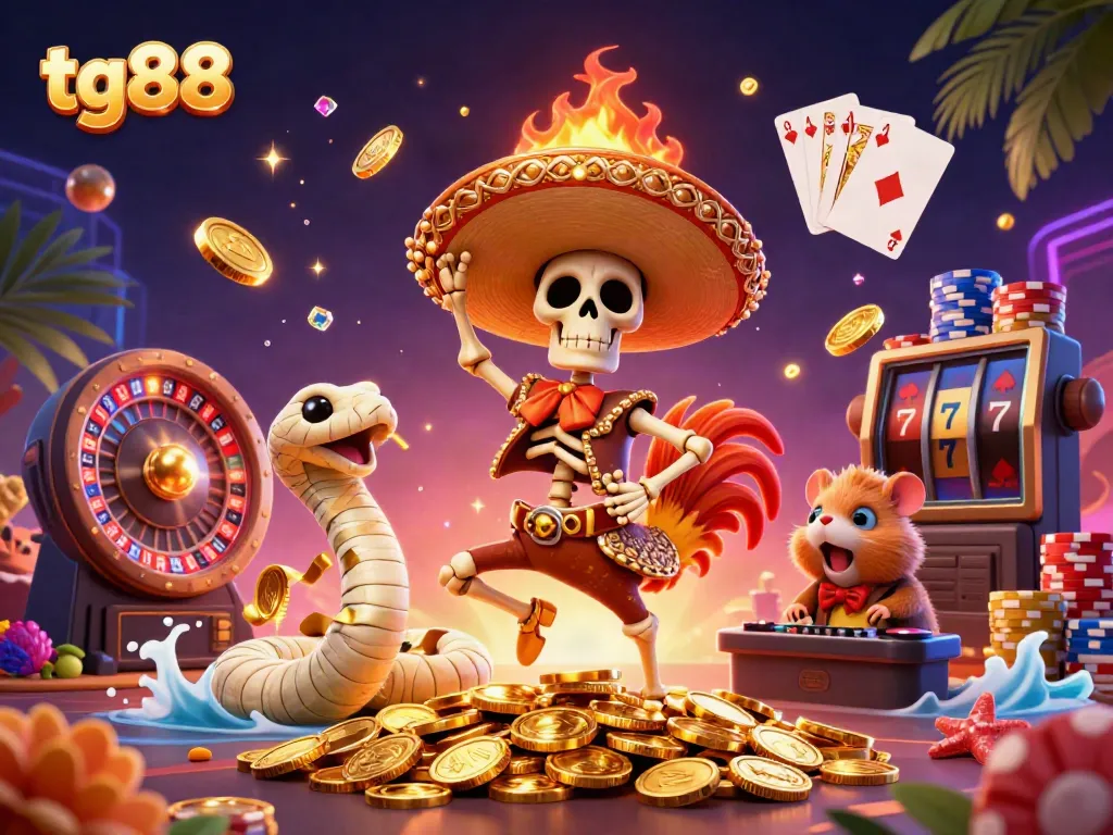 Experience the thrill of tg88 with a vibrant illustration of casino elements and characters celebrating victory.