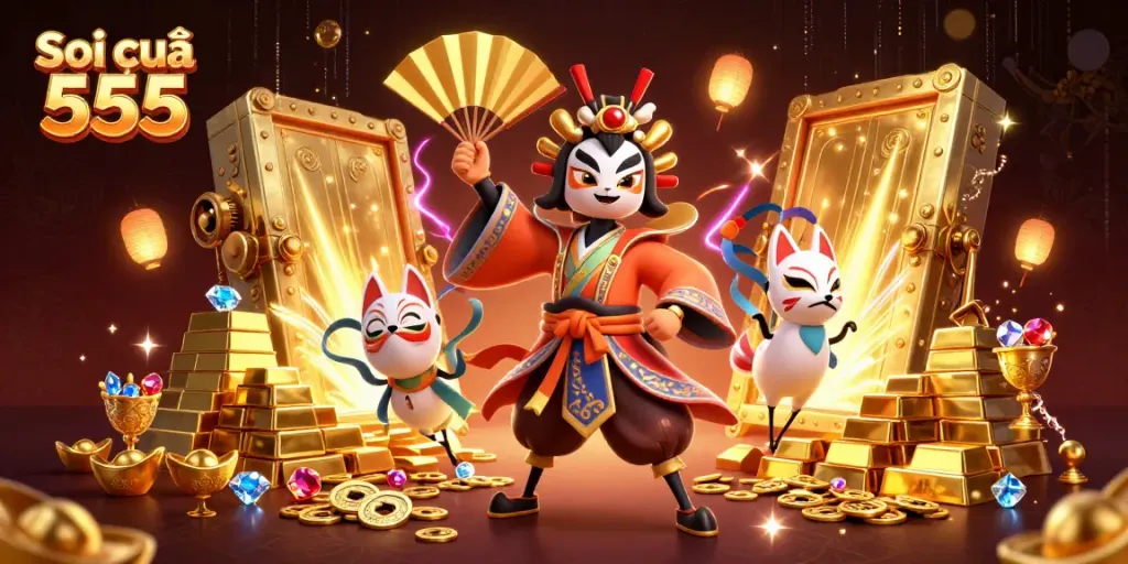 Soi cầu 555 showcases a dynamic, colorful scene with kabuki and kitsune characters among riches in a sophisticated casino setting.