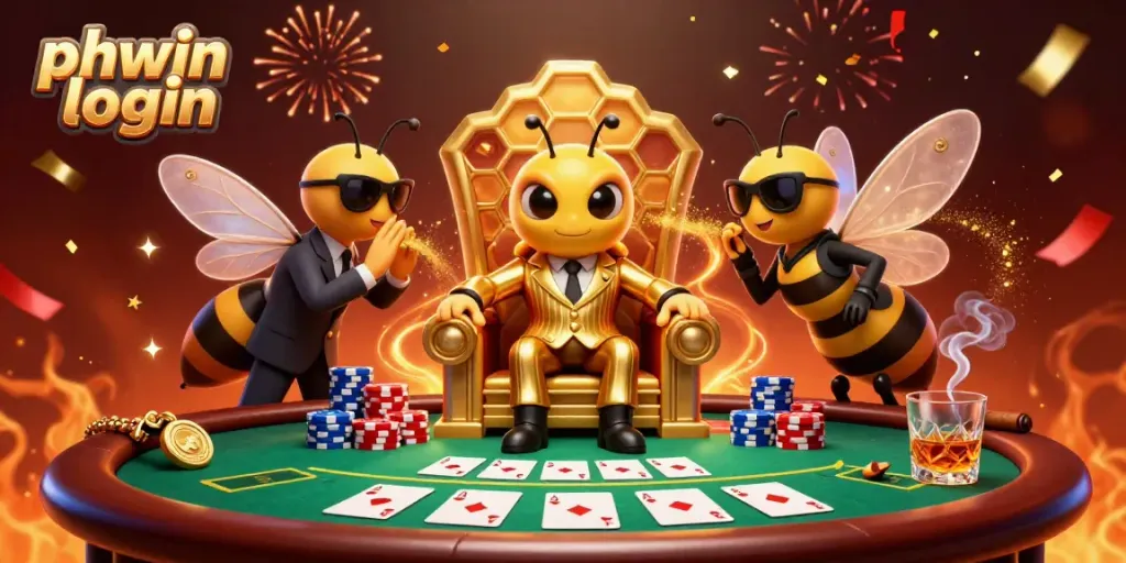 Join the action at phwin login in this vibrant 3D casino scene featuring a bumblebee mob boss and poker elements.