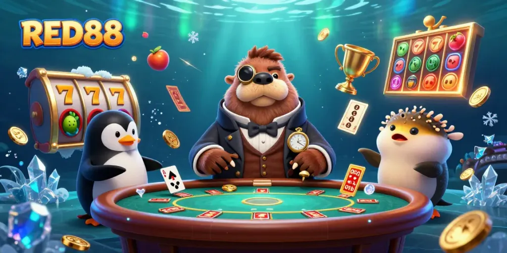 Play slots at RED88 with a whimsical underwater poker scene featuring a walrus, penguin dealer, and pufferfish.