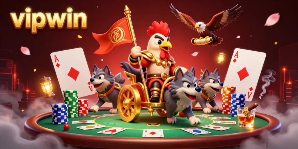 Experience the excitement of vipwin with a dynamic scene of a rooster warlord leading a golden chariot amidst poker action.