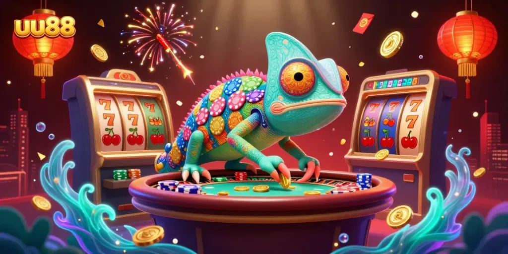 uu88 chameleon casino owner collecting golden coins with vibrant slot game elements around