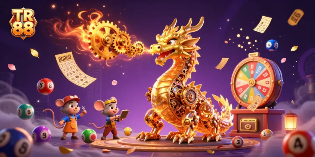Engage with TR 88 in a vibrant casino scene showcasing exciting gaming elements and a unique dragon character.