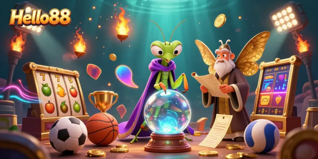 Experience casino thrills with Hello88 in a vibrant 3D scene featuring fortune tellers and jackpot symbols.