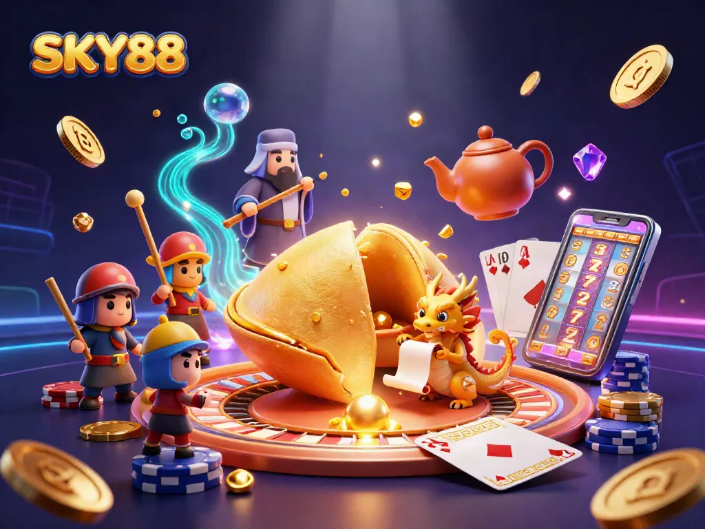 Engage with SKY88's dynamic gameplay featuring a golden fortune cookie, lucky dragon, and rich casino elements.