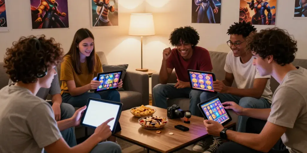 Friends enjoying slot games on smartphones in a cozy living room.