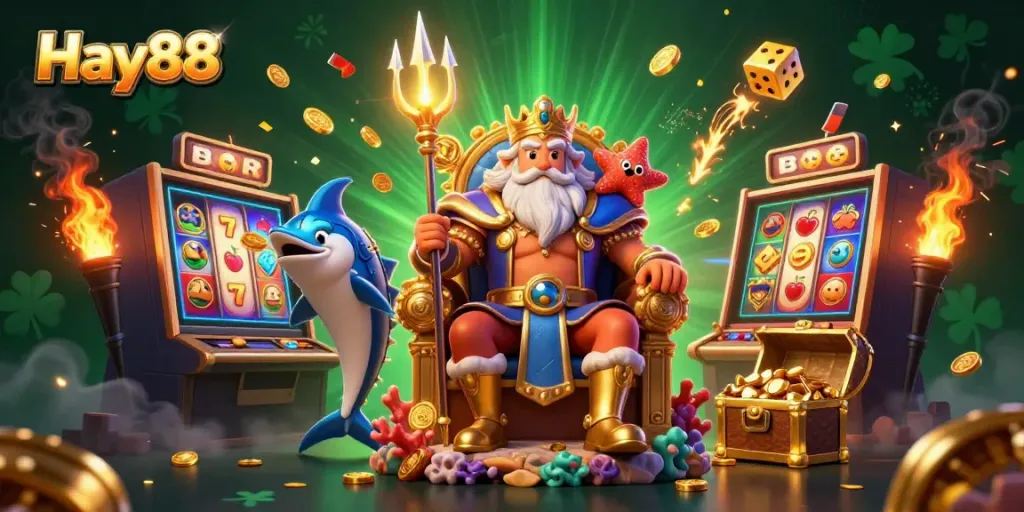 Experience stunning 3D visuals of Hay88 with vibrant slot machines, jackpots, and sea king Neptune.