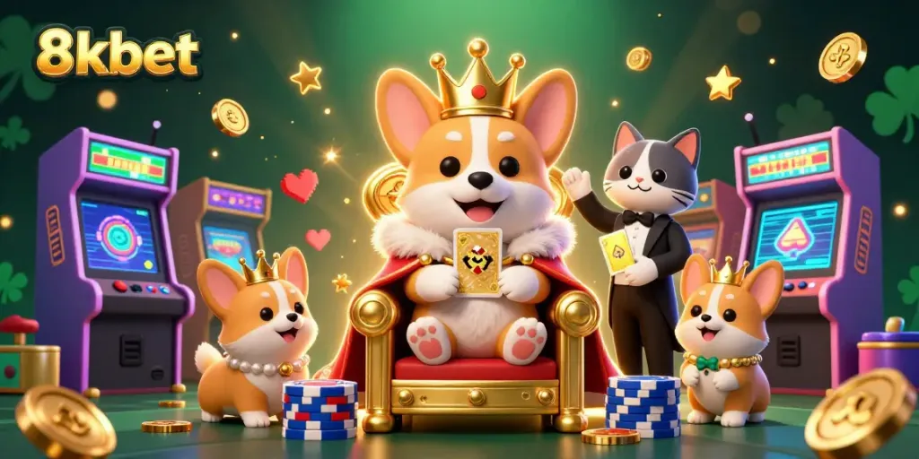 Play exciting games at 8xbet, featuring a royal corgi in a vibrant casino environment filled with engaging game elements.