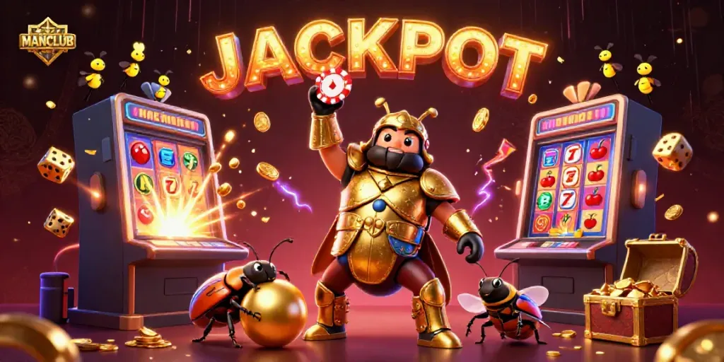 Engage in winning strategies with MANCLUB's immersive jackpot scene featuring iconic gambling elements.