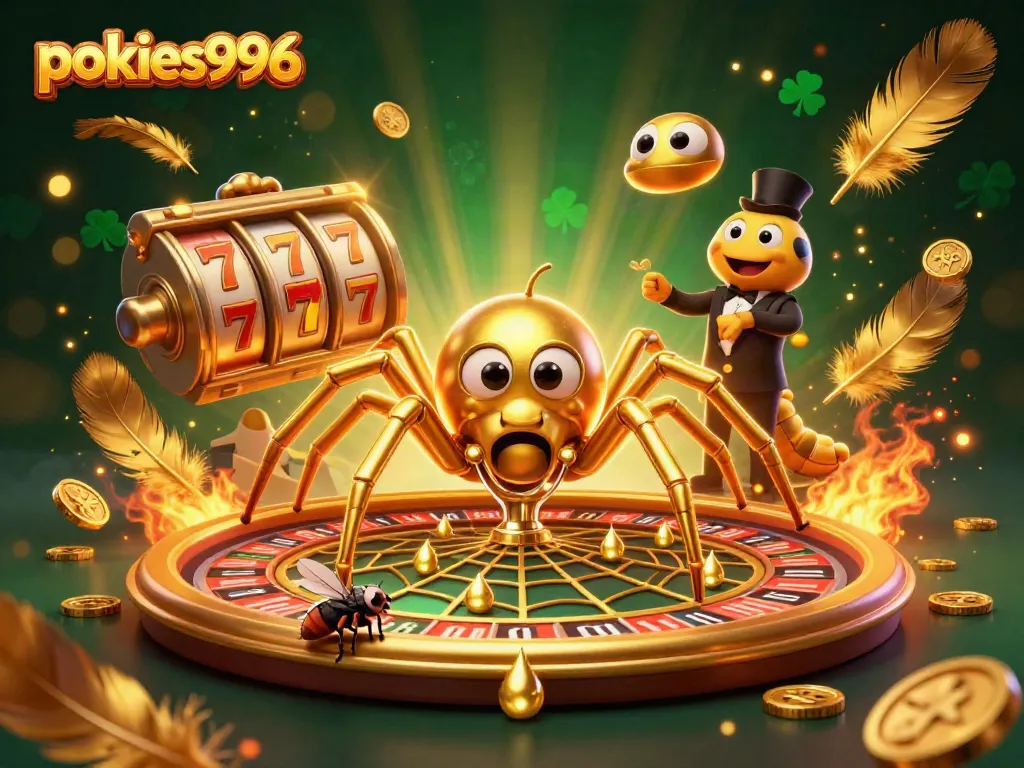 Experience thrilling wins at pokies996 with a dynamic golden web roulette scene featuring a betting fly.