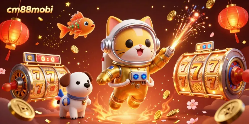 Experience vibrant gaming excitement with cm88mobi's lively 3D illustration of a space-themed casino.