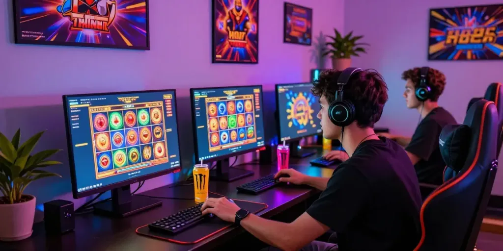 Exciting gaming moment featuring slot Thailand with vibrant graphics on a computer screen and a player focused on the game.